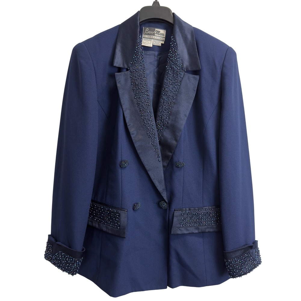 Ben Marc International Navy Beaded Blazer 16 Satin Trim Double Breasted Jacket